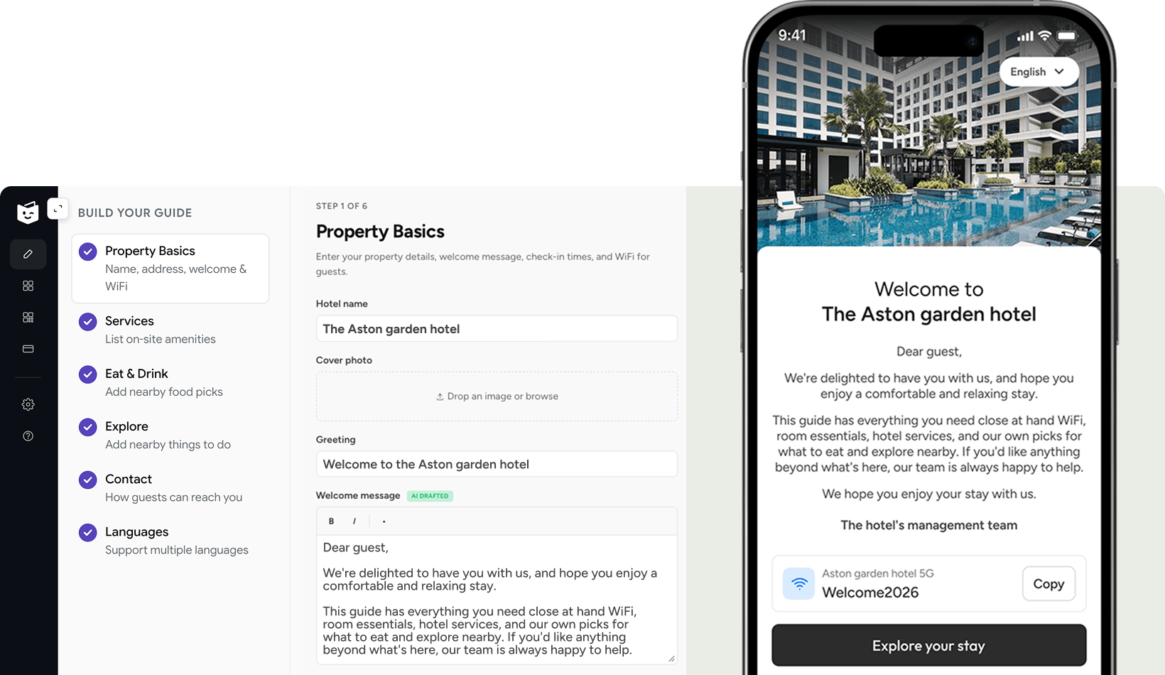 Goloby digital guest guide on a hotel room scene