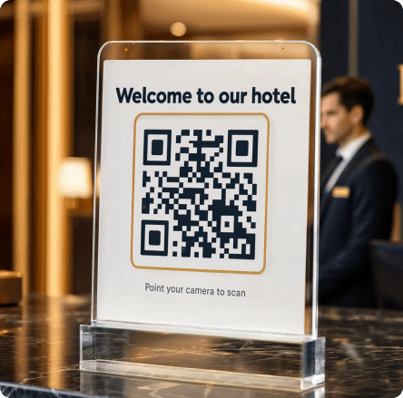 Welcome QR code sign on a hotel reception desk