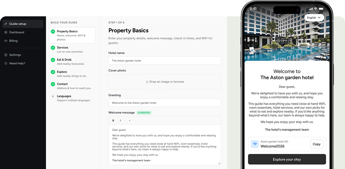 Goloby guide setup wizard with live guest preview on mobile