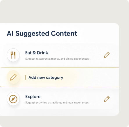 AI suggested Eat and Drink and Explore content in the guide editor